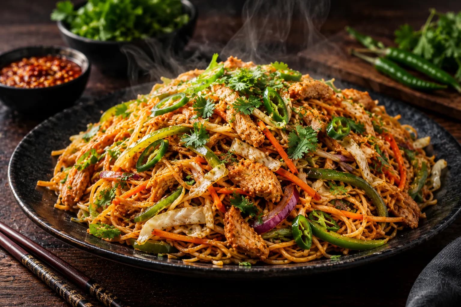 Freshly cooked wok-style Nepali Chow Mein noodles