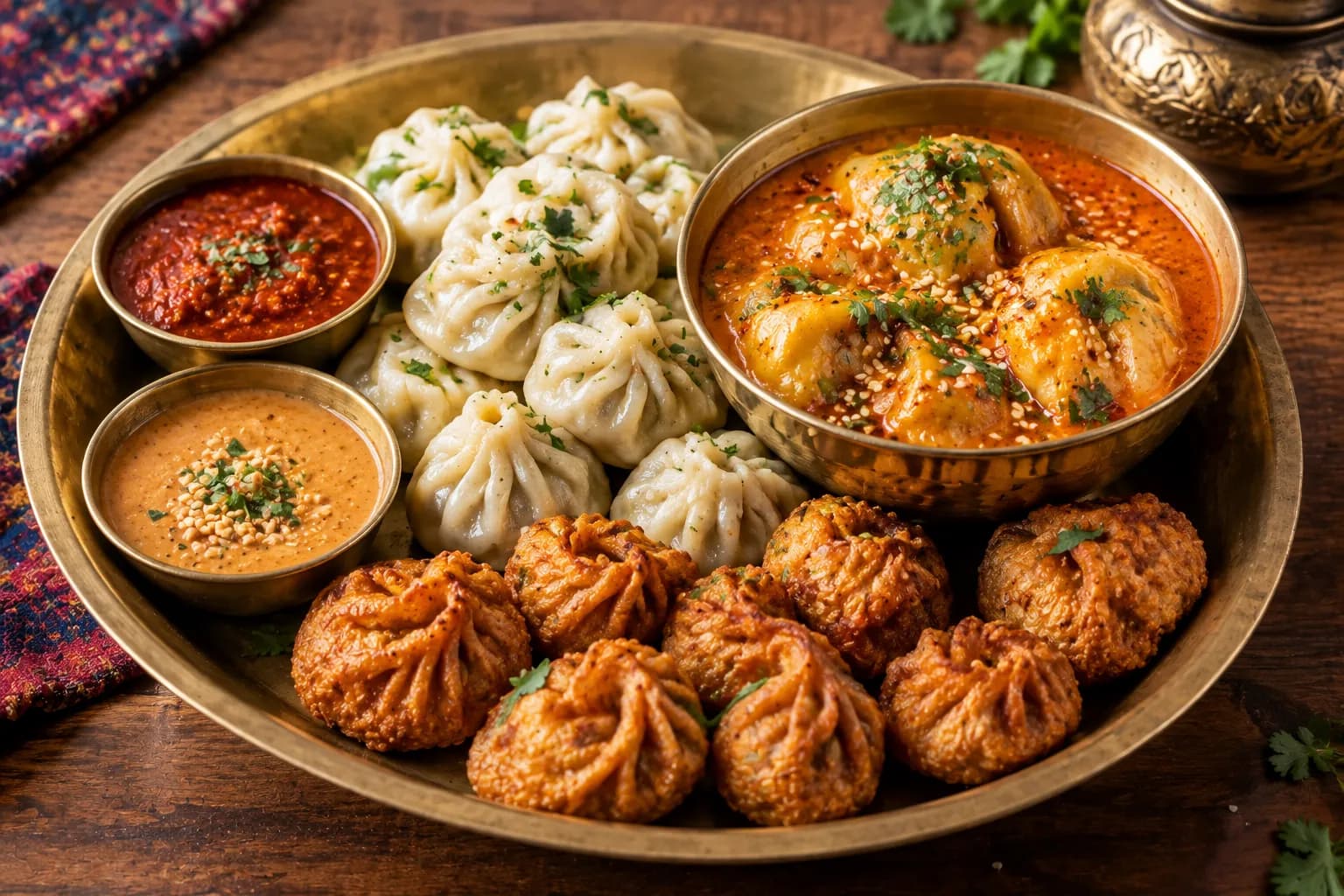 Platter of steamed and fried momos with homemade chutney